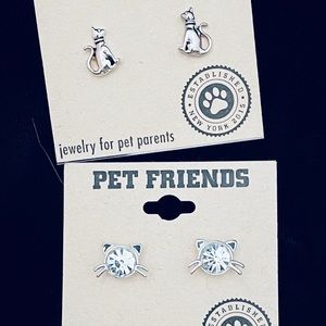 2 Pairs of Cat Earrings from Pet Friends silver toned & Crystal inspired NWT